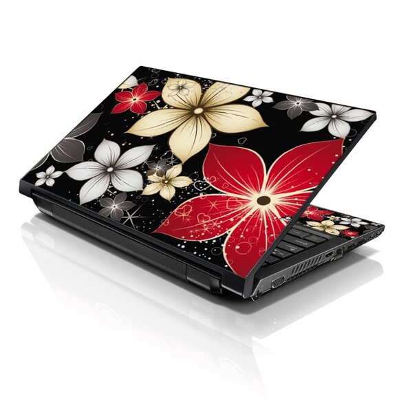 LSS 15.6" & 17.3" Laptop Notebook Skin Sticker Decal - Black Grey Flower Leaves - Picture 1 of 2